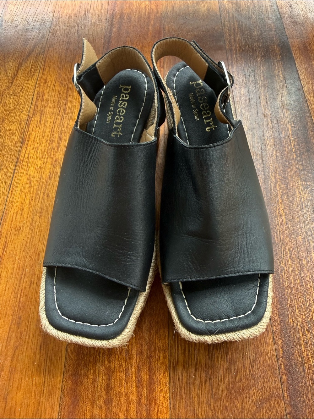 Paseart Made in Spain Black Leather Open-Toe Espadrille Wedge Sandals Women’s 37